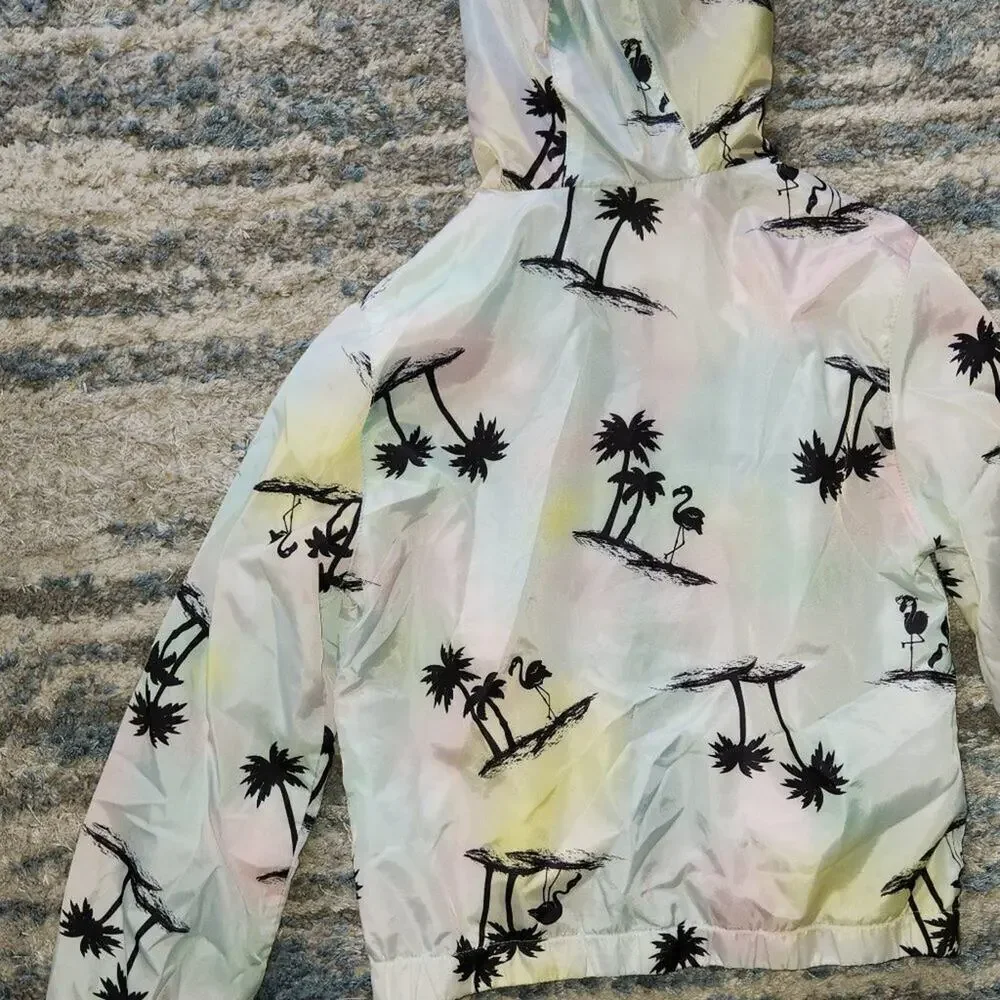 Justice Girls Windbreaker Jacket Lightweight Hood Size 10 Palm Trees Tropical